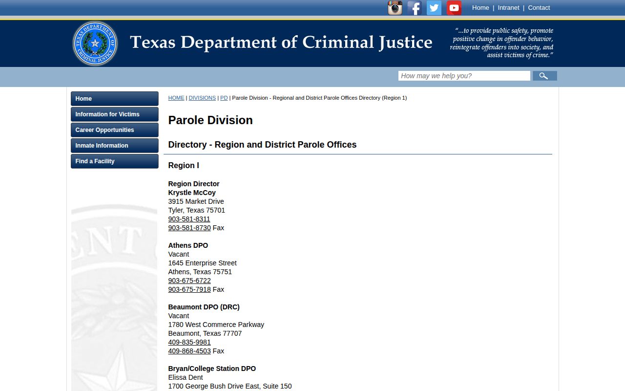 TDCJ Region I directory listing the Paris District Parole Office