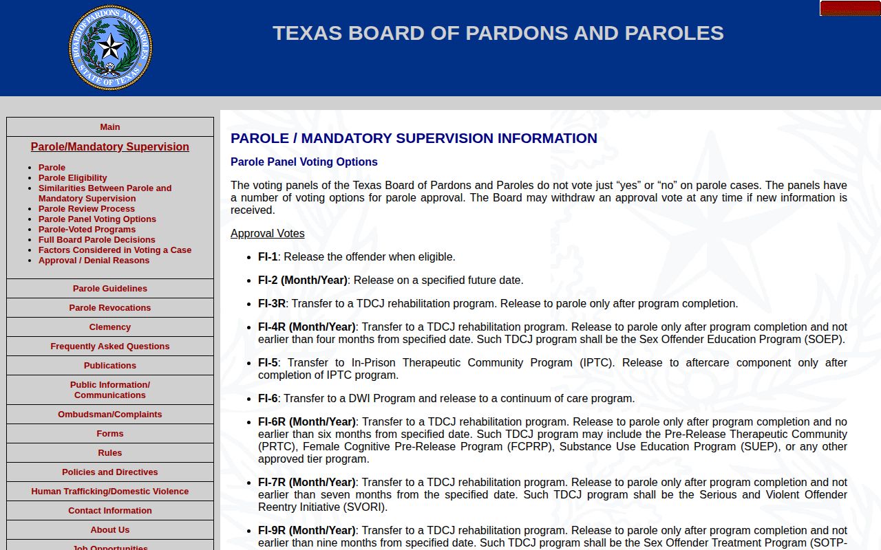 Texas Board of Pardons and Paroles vote options affecting release timing