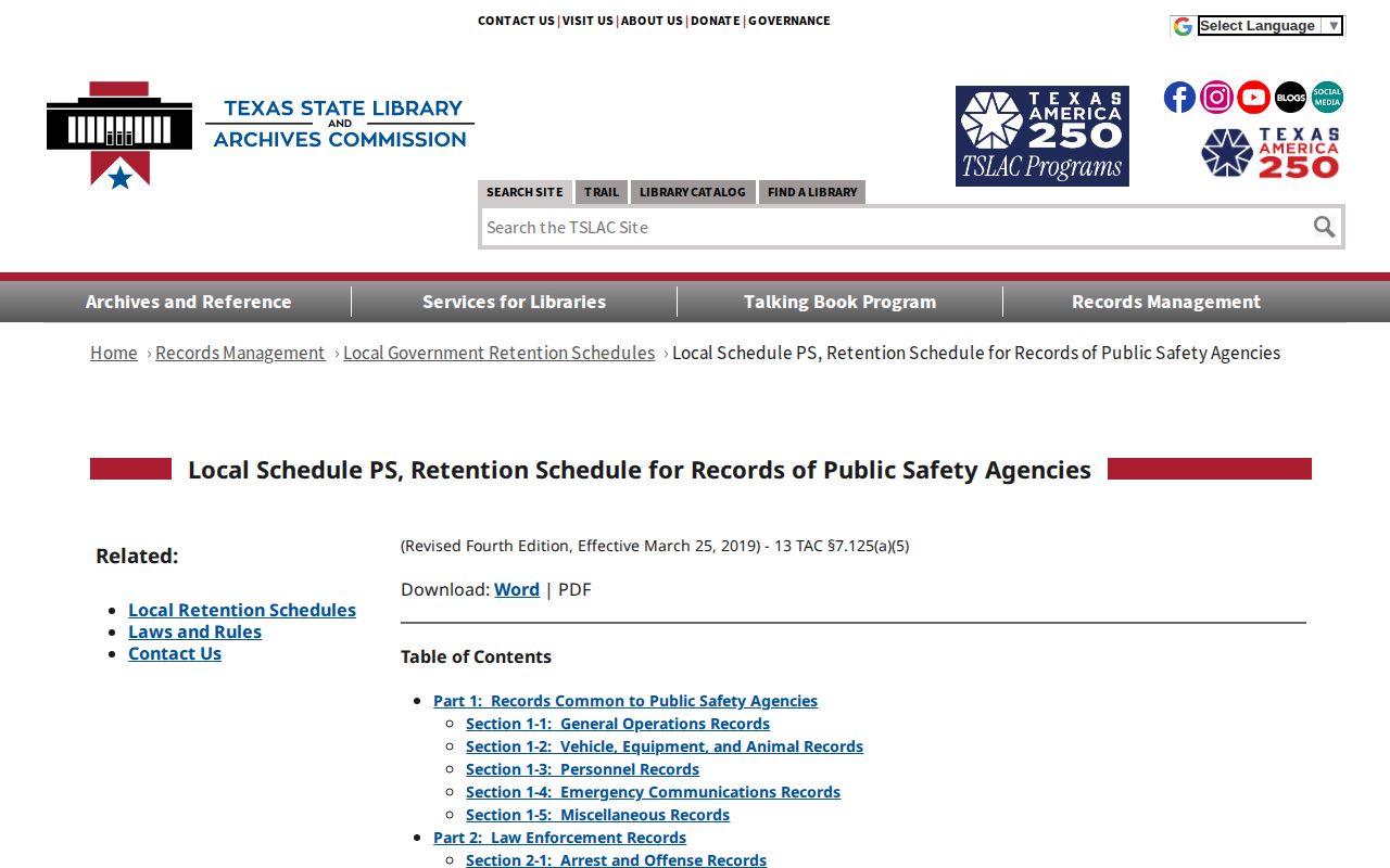 Texas public safety records retention schedule for jail registers and release papers