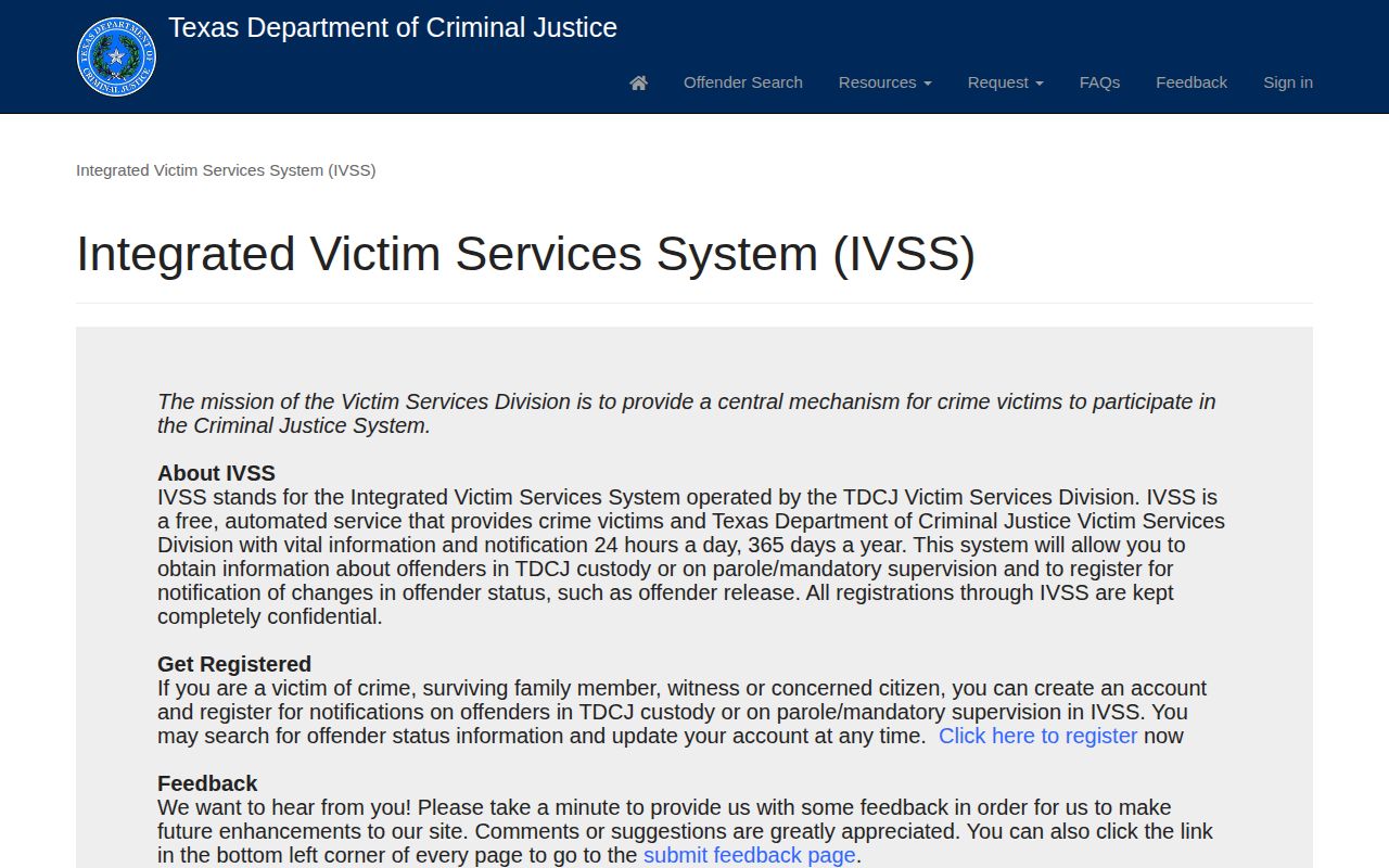 TDCJ IVSS portal for state release alerts after Delta County transfer